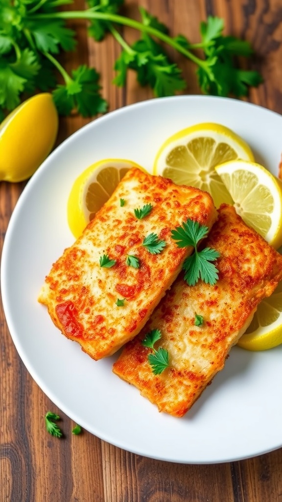 Crispy air fryer tilapia fillets garnished with lemon and parsley on a white plate with vegetables.